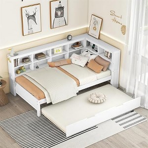Twin/Full Size Beds with Storage Shelf, Wood Daybed Frame with Wireless Charging USB Ports,  250 Lbs Load Capacity - 1 of 4