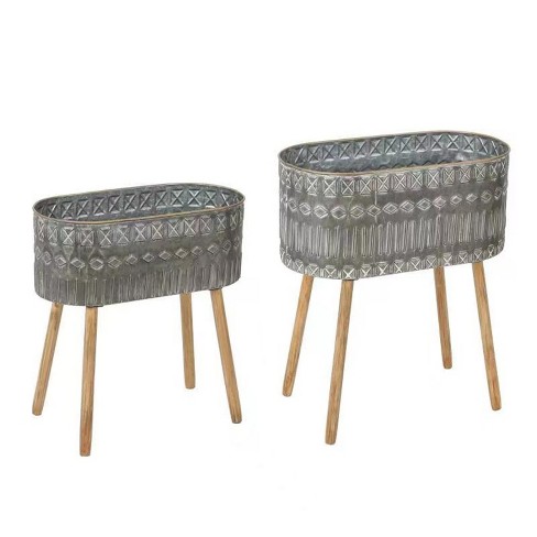 LuxenHome Set of 2 Aztec Gray Metal Cachepot Planters with Wood Legs - image 1 of 4