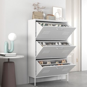KTMBDW Shoe Storage Cabinet with 3 Flip Drawers, Freestanding Shoe Cabinet Organizer with Metal Frame for Entryway, Hallway, Foyer, White - 1 of 4