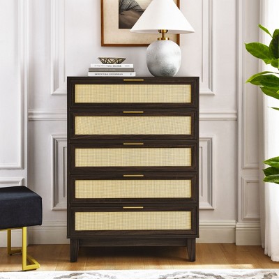 NicBex 5 Drawers Dresser Rattan Dresser Modern Wooden Chest of Drawers Closet Organizers and Storage for Bedroom, Living Room, Hallway