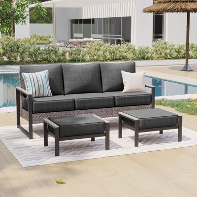 Sonkuki 3 Pieces Sofa with Side Table, All-Weather PE Rattan Wicker Set Patio Conversation Couch with Cushion