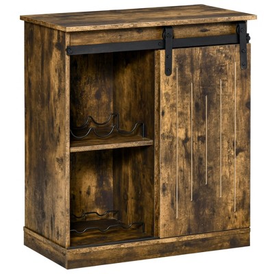 Industrial Bar Cabinet, 6-Bottle Wine Rack, Sliding Barn Door & Storage for Wine, Utensils, and Home Accents