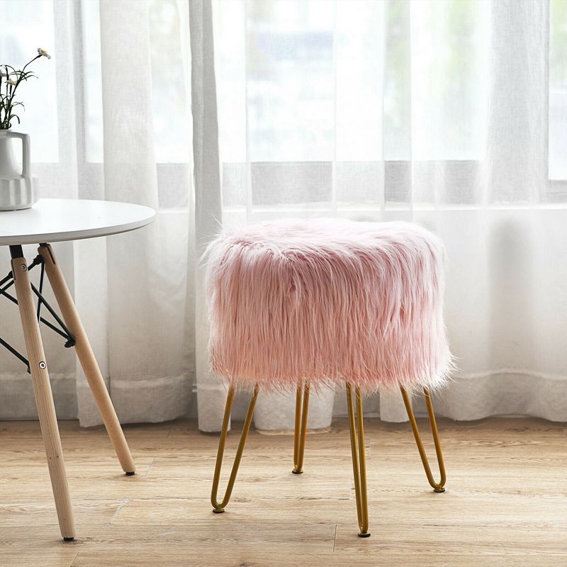 Costway Faux Fur Vanity Chair Makeup Stool Furry Padded Seat Round Ottoman Pink/White, 2 of 15