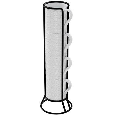 Embossed White Ceramic Mini Espresso Cups with Metal Stand, Set of 4