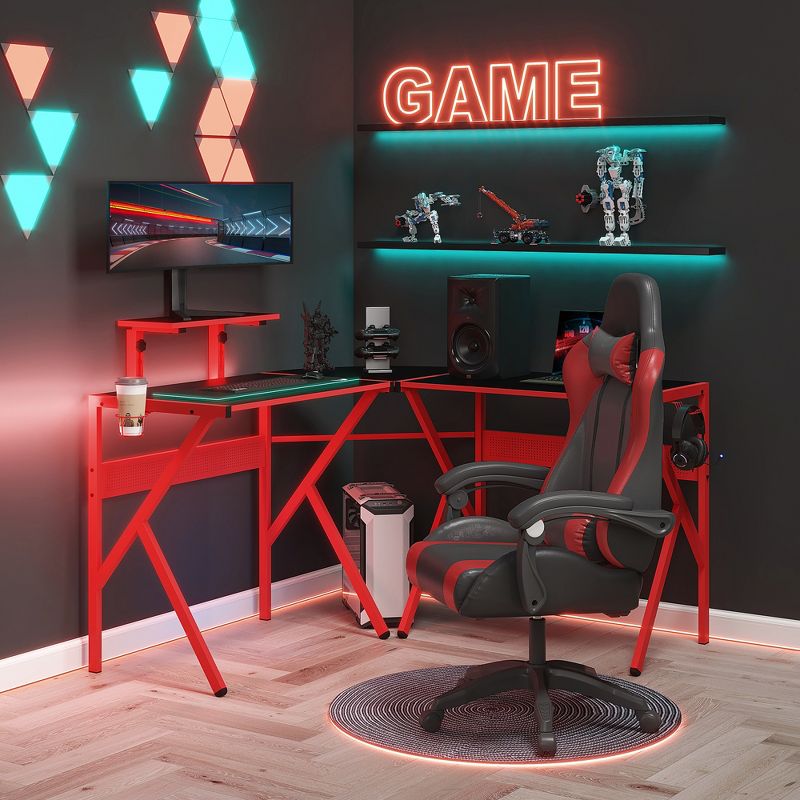 HOMCOM L-Shaped Gaming Desk, Corner Computer Desk, Gaming Table with Carbon Fiber Desktop, Adjustable Monitor Stand, Cup Holder, Red/Black, 3 of 8