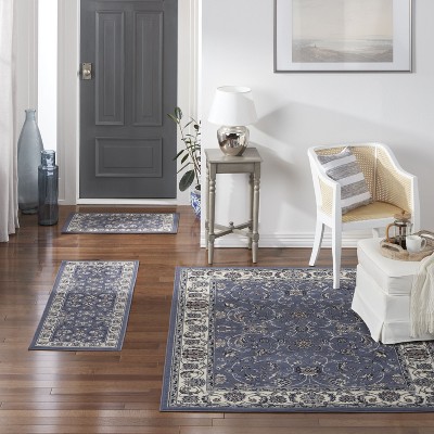 Elegant Blue and Ivory Synthetic 3-Piece Area Rug Set