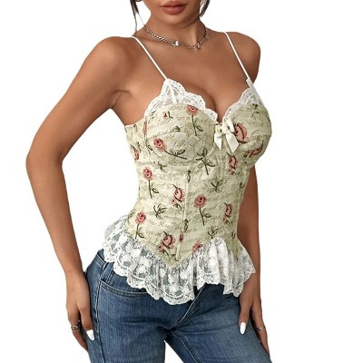 Coolmee Womens Vintage Jacquard Lace Trim Bustier Top V-Neck Spaghetti Strap Tie Back Sexy Floral Camisole