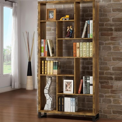 INFURNIC Decorative Bookshelf Industrial Style 10 Shelf Bookcase with Metal Base for Home Office, Brown, 34.75"*11.5"*70.75"