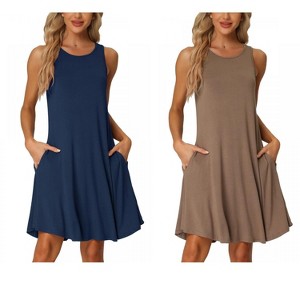INSPIRE CHIC Women's 2 Pcs Sleeveless Crew-Neck Sleep Dress with Pockets Nightgown Set - 1 of 4