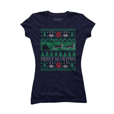 Junior's Design By Humans Christmas Siberian Husky Dog Funny Husky Ugly Christmas Sweater By pahari T-Shirt