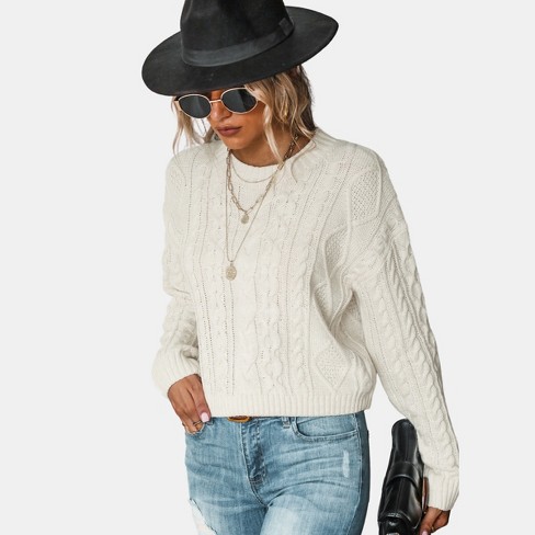 Women's Cable Knit Drop Shoulder Sweater - Cupshe-L-Off-White