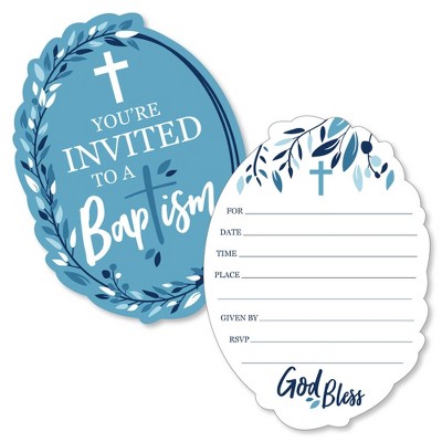 Big Dot of Happiness Baptism Blue Elegant Cross - Shaped Fill-in Invitations - Boy Religious Party Invitation Cards with Envelopes - Set of 12