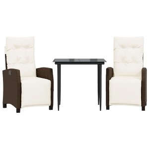 vidaXL 3 Piece Patio Dining Set - Durable PE Rattan - Adjustable Backrest and Footrest - Garden Chairs with Cushions - Tempered Glass Tabletop - 1 of 4