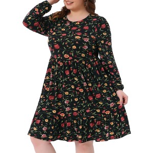 Agnes Orinda Women's Plus Size Floral Pleated Tiered Crew Neck Long Sleeve Casual Midi Dress with Pocket - 1 of 4