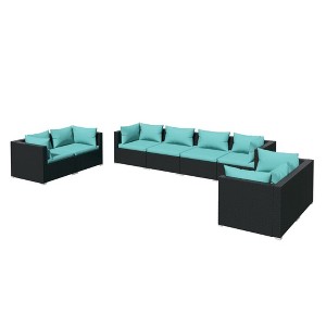 vidaXL Patio Lounge Set Outdoor Sectional Sofa Set Table Garden Poly Rattan - Black and Water Blue 6x Corner 2x Middle - 1 of 4