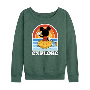 Women's - Disney - Mickey Kayak Explore Lightweight French Terry Wide Neck Long Sleeve Graphic Shirt - 1 of 4