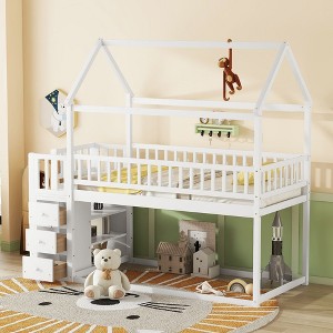 NicBex Twin Over Twin Bunk Bed with Roof Design and Guardrail and 3 Drawers,Loft Bed with Ladder and Shelves,Noise Reduced Bunk Beds for Bedroom - 1 of 4