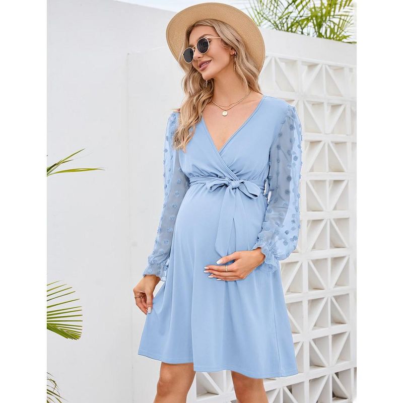 Womens Maternity Swiss Dot Long Sleeve Wrap Dress Fall Casual V Neck Nursing Midi Dress Baby Shower Photoshoot Belt, 3 of 7
