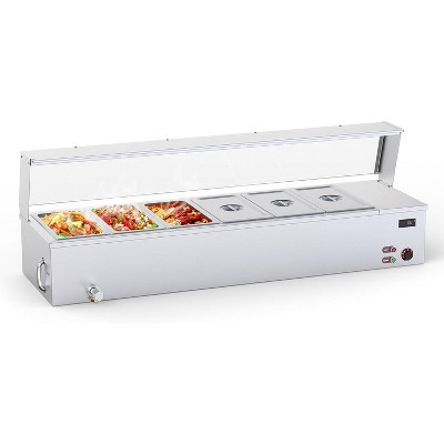 48QT commercial food warmer, 6x8QT electric steam table with acrylic shield, stainless steel bain marie, overheating protection, 1500W, 110V.