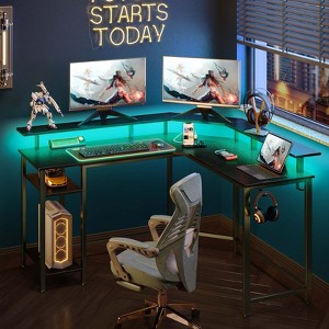 Greenstell L Shaped Desk - Black Reversible Computer Desk with LED Lights, Power Outlets, Monitor Stand & Storage - 1 of 4