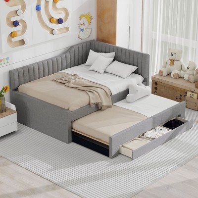 CAVINAS Twin/Full Size Solid Wood Upholstered Daybed Bed Frame with Trundle & 3 Storage Drawers,No Box Spring Needed