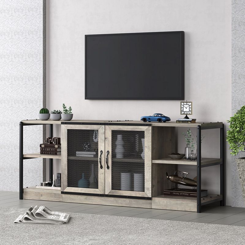 TV Stand for 65+ Inch TV, Industrial Entertainment Center TV Media Console Table, Farmhouse TV Stand with Storage and Mesh Door, 2 of 5