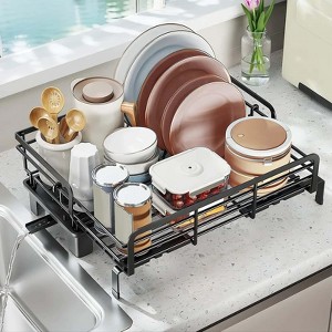 TROPOW Extendable Dish Rack with Drainboard, Dish Drying Rack, V-Shaped Card Slot, Stainless Steel Kitchen Dish Drainer for Sink, Black - 1 of 4