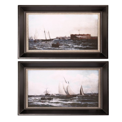 A&B Home 25"x15" Set of 2 New York Harbor Wall Arts Blue/Black: Sailboat Prints, Transitional Decor, MDF Frame - image 1 of 3