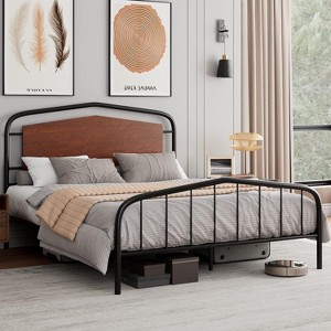 Queen Size Bed Frame, Heavy Duty Metal Platform, Wooden Headboard and Footboard, Large Under Bed Storage, Noise Free, No Box Spring Needed, Walnut - 1 of 4