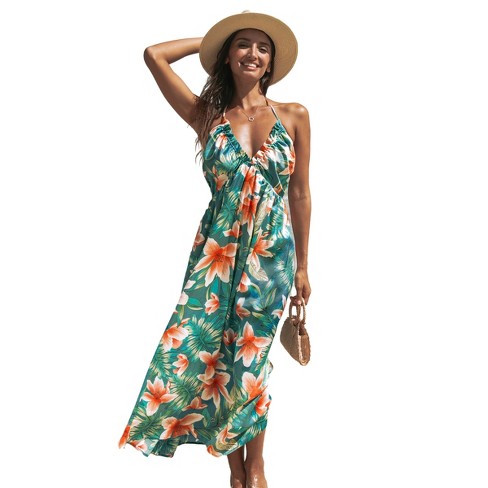 Women's Tropical Floral Sleeveless Halter Maxi Dress - Cupshe : Target