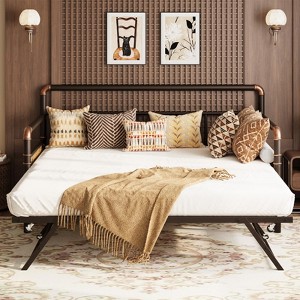 Coucheta Twin Daybed with Pop Up Trundle Set, Metal Twin Bed Frame with Steel Slat Support, Sofa Bed for Kids Teens Adults, Easy Assembly, Brown - 1 of 4