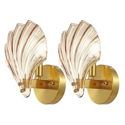 Sirena 5 Inch Brass Gold Wall Sconce Set with Amber Glass Shades