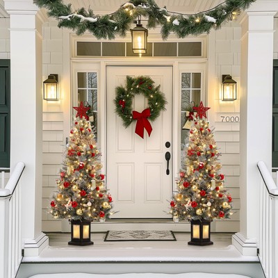 4.5 FT Prelit Premium Snow Flocked Artificial Christmas Tree with 8 Mode Warm White LED,Yard,Home,Office,Outdoor,Indoor, 2PCS