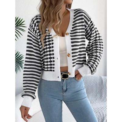 Womens Cardigan Color Block Striped Button Front Lantern Sleeve V Neck Short Cardigan Sweater Black S