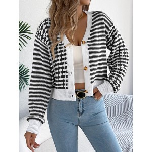 Womens Cardigan Color Block Striped Button Front Lantern Sleeve V Neck Short Cardigan Sweater Black S - 1 of 4