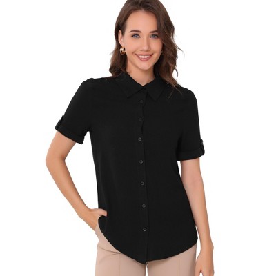 INSPIRE CHIC Women's Summer Button Down Causal Short Sleeve Turn Down Collar Work Shirt