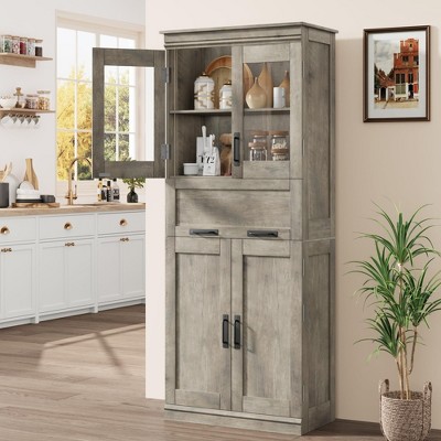 Homhougo Storage Cabinet, 67" Tall Bathroom Cabinet,with Adjustable Shelves and 4 Doors 67 Inch Pantry Cupboard Gray