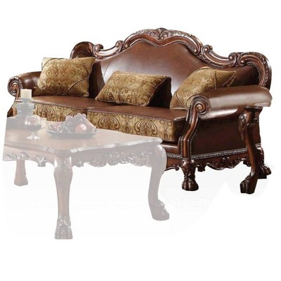 Dresden 89" Brown Synthetic Leather and Chenille Sofa with Cherry Oak Frame