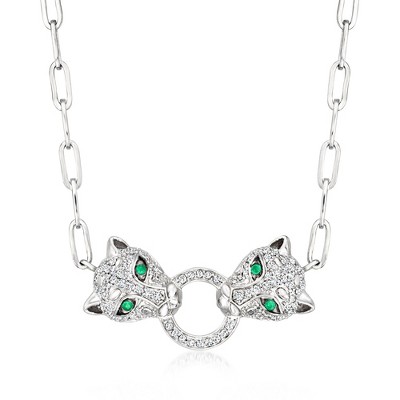 Ross-Simons 0.25 ct. t.w. Diamond Leopard Paper Clip Link Necklace With Emeralds in Sterling Silver