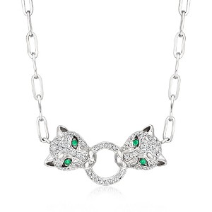 Ross-Simons 0.25 ct. t.w. Diamond Leopard Paper Clip Link Necklace With Emeralds in Sterling Silver - 1 of 3