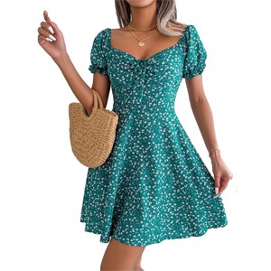 Floral Flowy Mini Dress for Women A Line Front Tie Open Back Peasant Dress with Ruffled Sleeve Sweetheart Neck Summer Dress Floral Sundress - 1 of 4