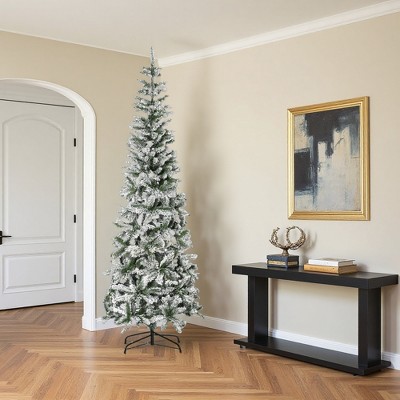 FURNIinspire Artificial Trees Unlit Snow Flocked Slim Pine Christmas Tree With Realistic Branches, Christmas Decorations, Green, 29.5"*29.5"*90.5"