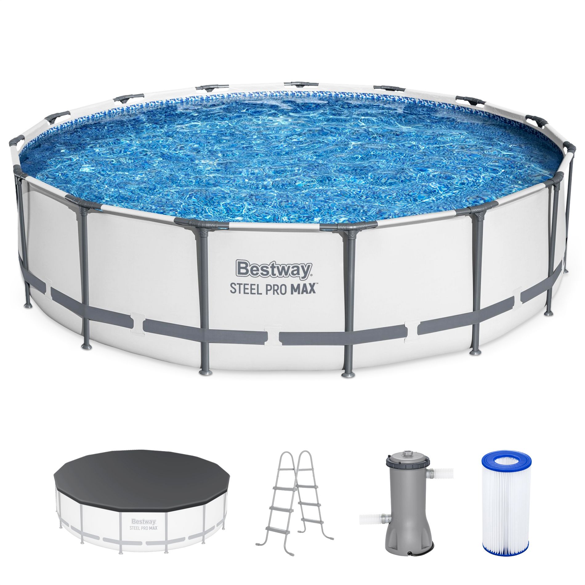 Bestway Steel Pro MAX 15'x42" Round Metal Frame Above Ground Outdoor Swimming Pool with 1,000 Filter Pump, Ladder, and Cover