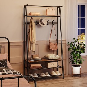 ndustrial Rustic 4-in-1 Hall Tree Bench with Shoe Rack, Storage Shelf, and 5 C-Shaped Hooks in Brown & Black - 1 of 4