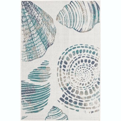 Ivory and Blue Synthetic Flat Woven Outdoor Rug, 4' x 6'