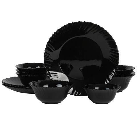 DANMERS 18-Piece Dinnerware Set Black Kitchen Dinner Set Service for 6, Square Glass Plates Bowls Set Crack Resistant