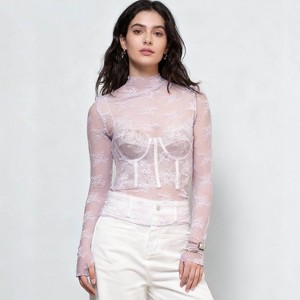 Women’s Floral Lace Slim-Fit Top – Sheer Stretch Tee with Baby Overlock Edge, Versatile Cherie Code - 1 of 4