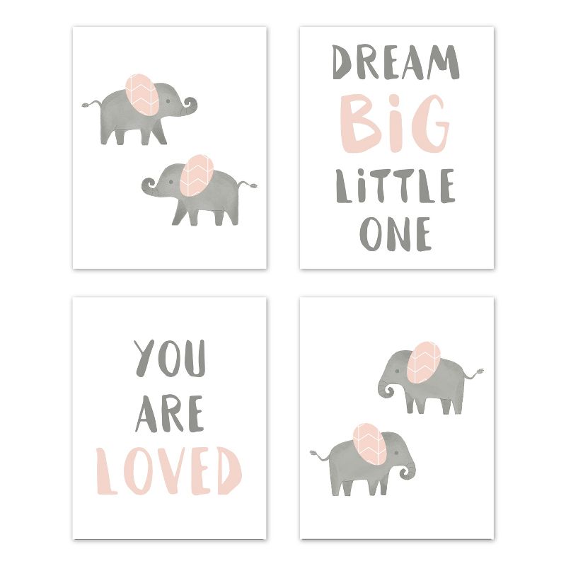 Sweet Jojo Designs Girl Unframed Wall Art Prints for Décor Elephant Grey and Pink 4pc, 1 of 6