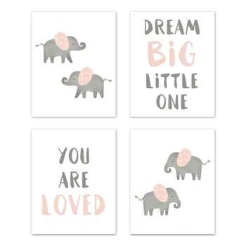 Sweet Jojo Designs Girl Unframed Wall Art Prints for Décor Elephant Grey and Pink 4pc