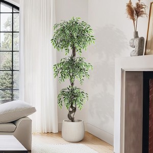 Artificial Ficus Tree, Faux Floor Plant with 1100+ Silk Leaves, Imitation Ceramic Planter with Moss and Pebbles for Indoor Decor, Green - 1 of 4
